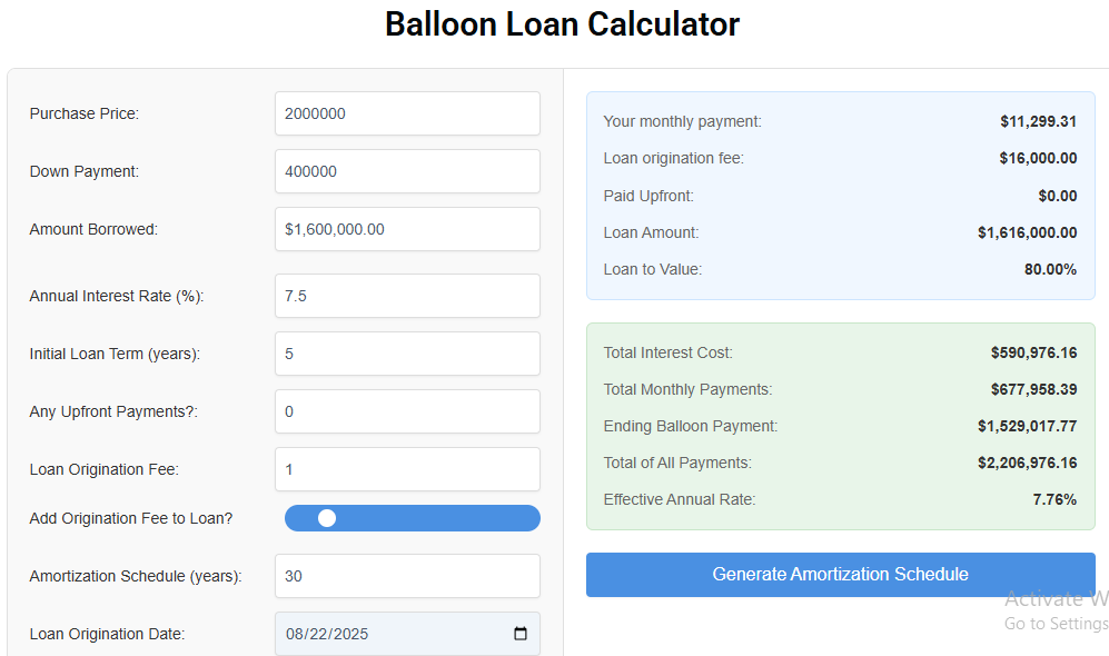 Balloon Loan Calculator “Balloon Loan Calculator showing monthly payments and final balloon balance.”
