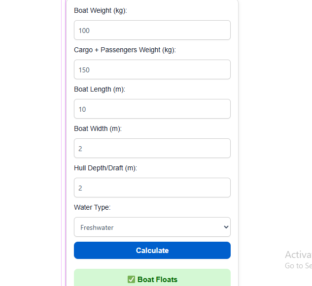 Boat Floating Calculator Boat Floating Calculator interface showing buoyancy results