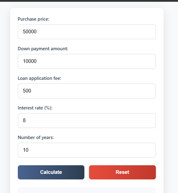 Land Loan Calculator Land Loan Calculator showing monthly payment, interest, and total financing estimate