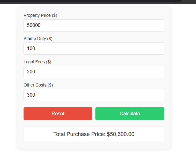 PP Calculator PP Calculator showing property price, stamp duty, and legal fees