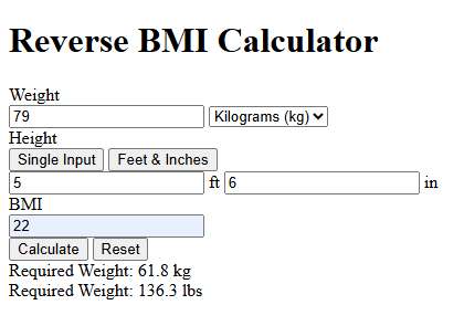 Reverse BMI Calculator Reverse BMI Calculator showing weight, height, and calculated Body Mass Index result.