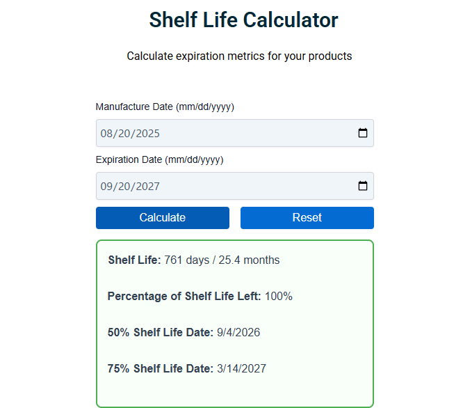 Shelf Life Calculator Example of calculating shelf life using the Shelf Life Calculator