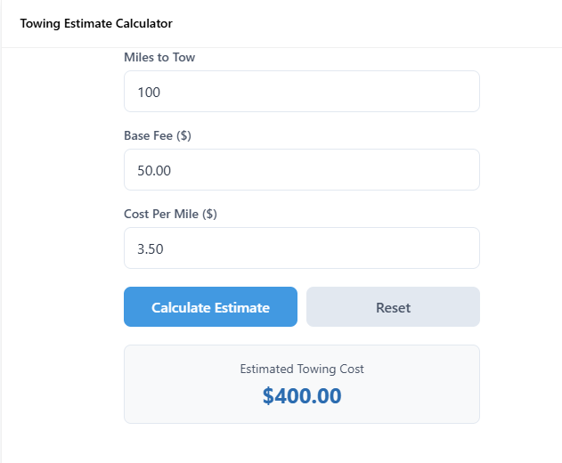 Towing Estimate Calculator Towing Estimate Calculator showing cost to tow a car per mile.