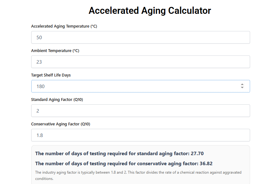 Accelerated Aging Calculator Accelerated Aging Calculator showing shelf life prediction and aging time for lab testing