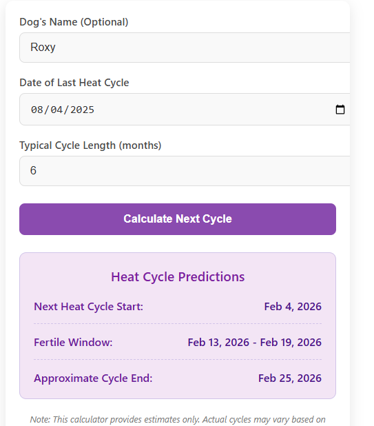 Dog Heat Cycle Calculator Dog Heat Cycle Calculator chart showing proestrus and estrus phases