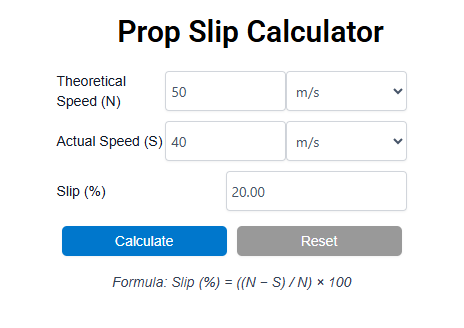 Prop Slip Calculator showing propeller efficiency calculation